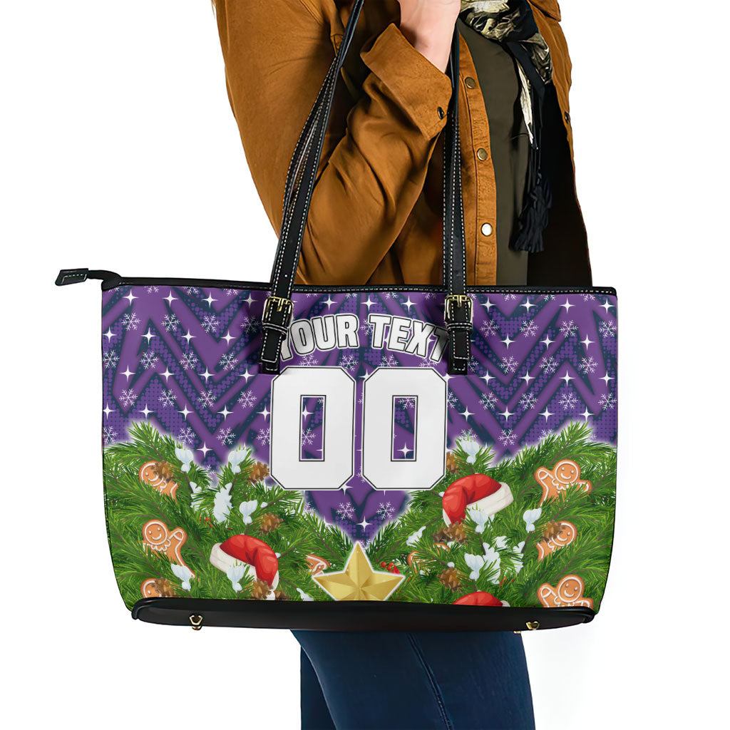 Personalised Melbourne Storm Rugby Christmas Leather Tote Bag Santa Rugby Mascot - Pine Wreath Festive