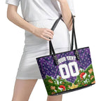 Personalised Melbourne Storm Rugby Christmas Leather Tote Bag Santa Rugby Mascot - Pine Wreath Festive
