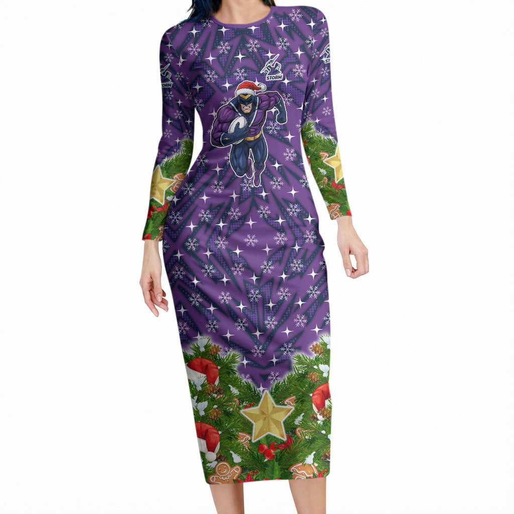 Personalised Melbourne Storm Rugby Christmas Long Sleeve Bodycon Dress Santa Rugby Mascot - Pine Wreath Festive
