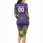 Personalised Melbourne Storm Rugby Christmas Long Sleeve Bodycon Dress Santa Rugby Mascot - Pine Wreath Festive