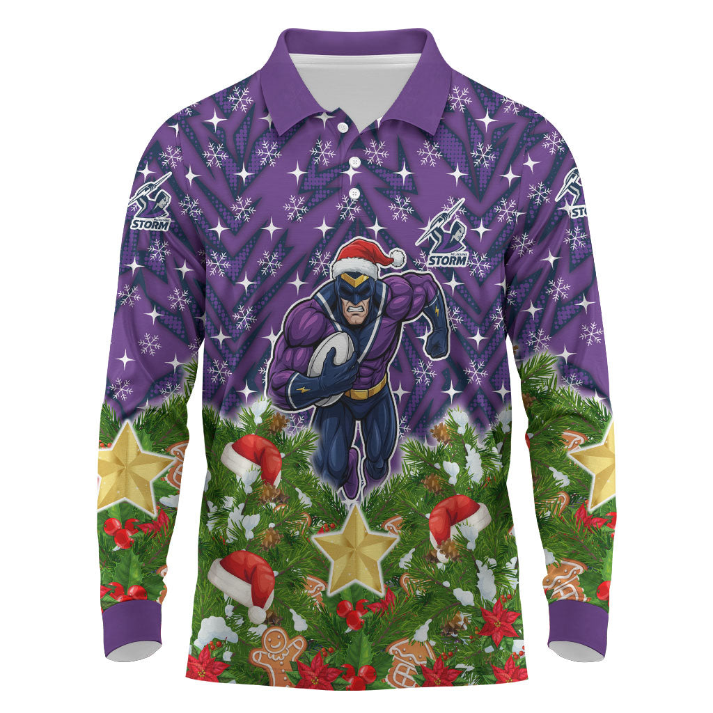 Personalised Melbourne Storm Rugby Christmas Long Sleeve Polo Shirt Santa Rugby Mascot - Pine Wreath Festive