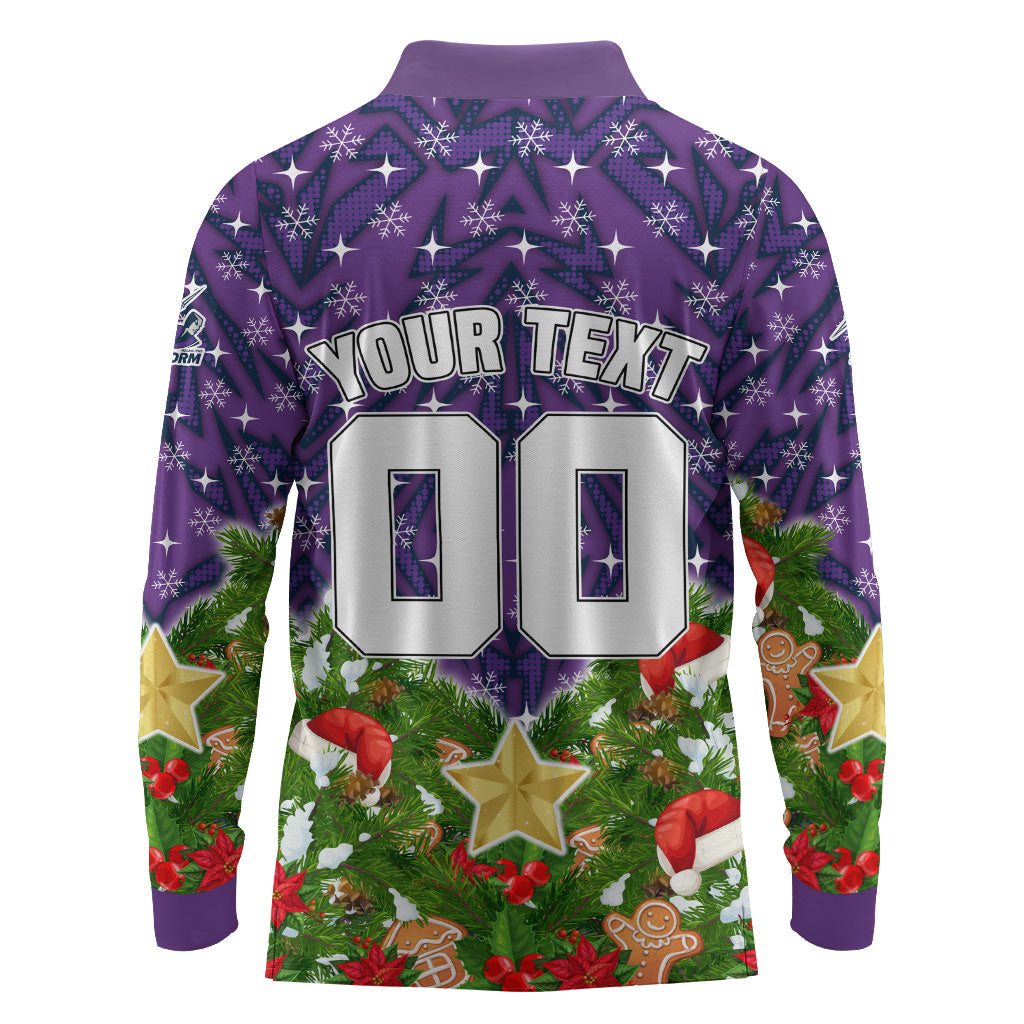 Personalised Melbourne Storm Rugby Christmas Long Sleeve Polo Shirt Santa Rugby Mascot - Pine Wreath Festive