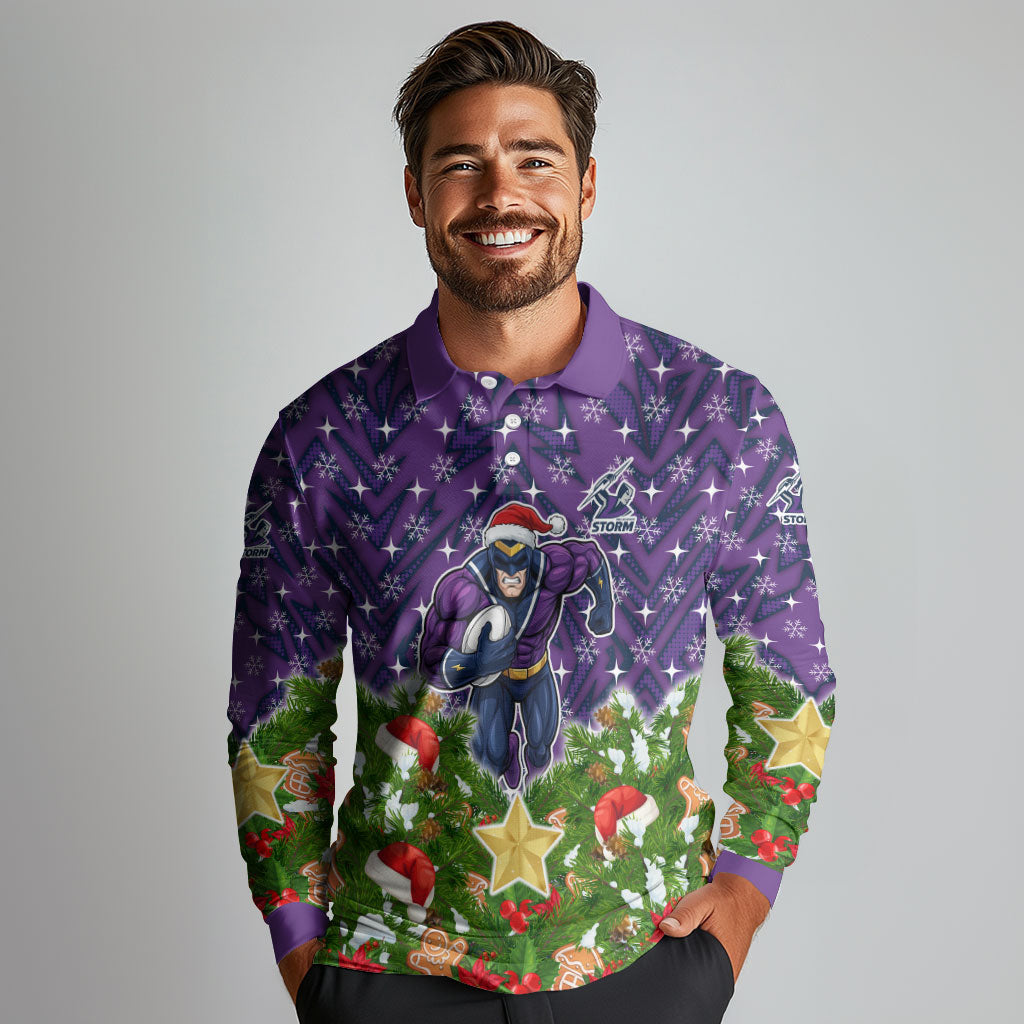 Personalised Melbourne Storm Rugby Christmas Long Sleeve Polo Shirt Santa Rugby Mascot - Pine Wreath Festive