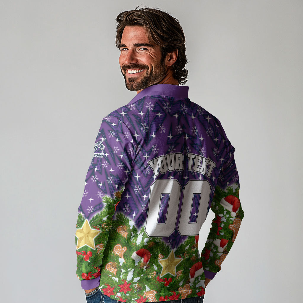 Personalised Melbourne Storm Rugby Christmas Long Sleeve Polo Shirt Santa Rugby Mascot - Pine Wreath Festive