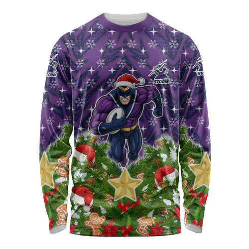 Personalised Melbourne Storm Rugby Christmas Long Sleeve Shirt Santa Rugby Mascot - Pine Wreath Festive