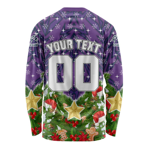 Personalised Melbourne Storm Rugby Christmas Long Sleeve Shirt Santa Rugby Mascot - Pine Wreath Festive