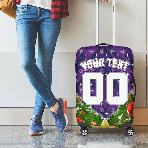 Personalised Melbourne Storm Rugby Christmas Luggage Cover Santa Rugby Mascot - Pine Wreath Festive