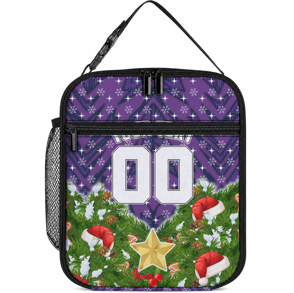 Personalised Melbourne Storm Rugby Christmas Lunch Bag Santa Rugby Mascot - Pine Wreath Festive