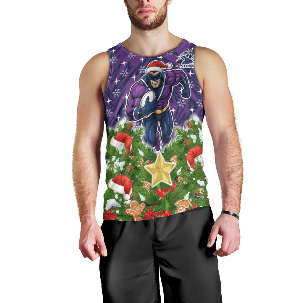 Personalised Melbourne Storm Rugby Christmas Men Tank Top Santa Rugby Mascot - Pine Wreath Festive