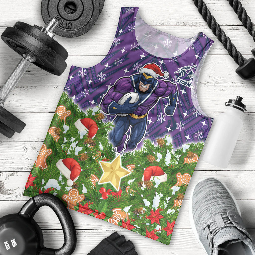 Personalised Melbourne Storm Rugby Christmas Men Tank Top Santa Rugby Mascot - Pine Wreath Festive