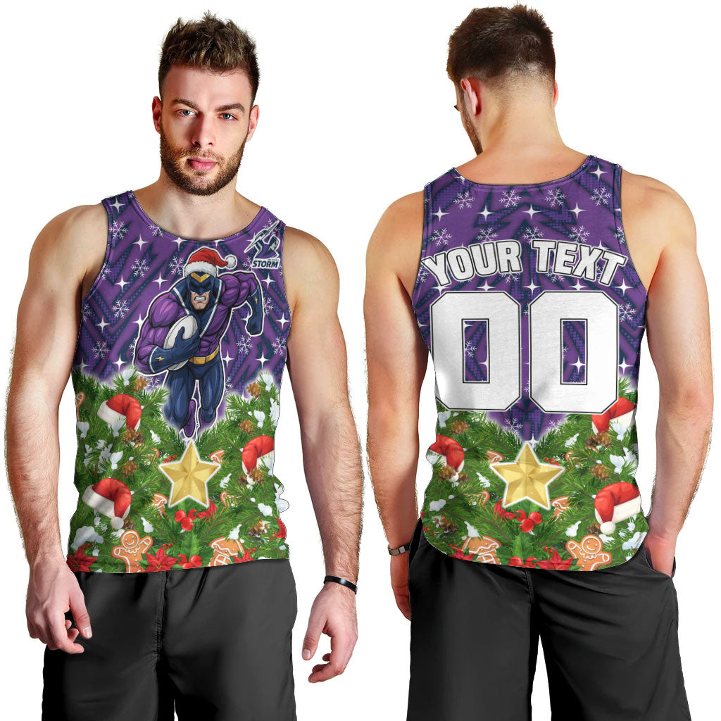 Personalised Melbourne Storm Rugby Christmas Men Tank Top Santa Rugby Mascot - Pine Wreath Festive