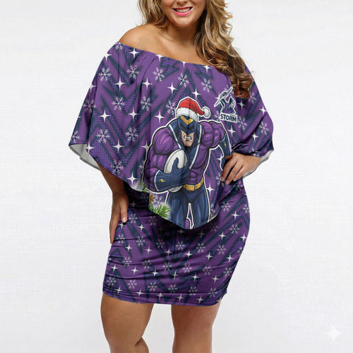 Personalised Melbourne Storm Rugby Christmas Off Shoulder Short Dress Santa Rugby Mascot - Pine Wreath Festive
