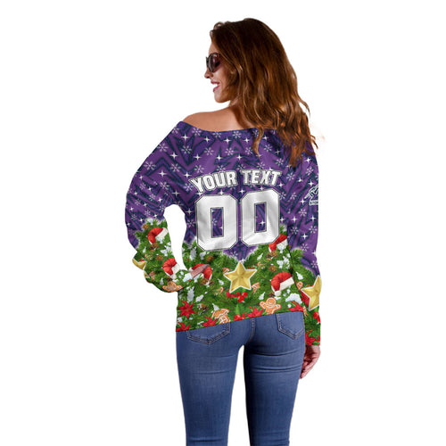 Personalised Melbourne Storm Rugby Christmas Off Shoulder Sweater Santa Rugby Mascot - Pine Wreath Festive