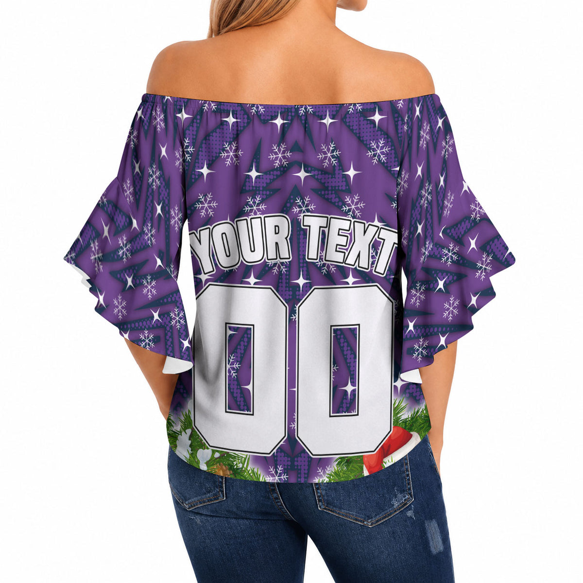 Personalised Melbourne Storm Rugby Christmas Off Shoulder Wrap Waist Top Santa Rugby Mascot - Pine Wreath Festive