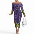 Personalised Melbourne Storm Rugby Christmas Off The Shoulder Long Sleeve Dress Santa Rugby Mascot - Pine Wreath Festive