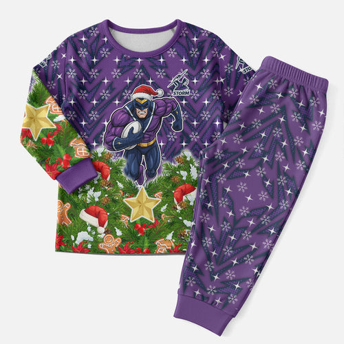 Personalised Melbourne Storm Rugby Christmas Pajama Set Santa Rugby Mascot - Pine Wreath Festive