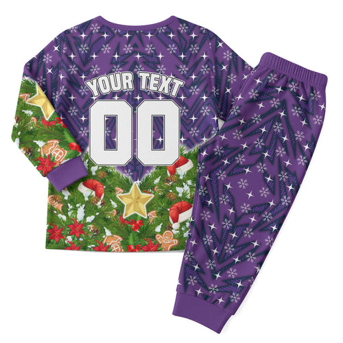 Personalised Melbourne Storm Rugby Christmas Pajama Set Santa Rugby Mascot - Pine Wreath Festive