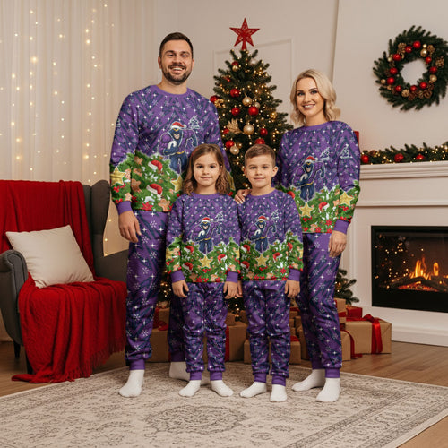 Personalised Melbourne Storm Rugby Christmas Pajama Set Santa Rugby Mascot - Pine Wreath Festive