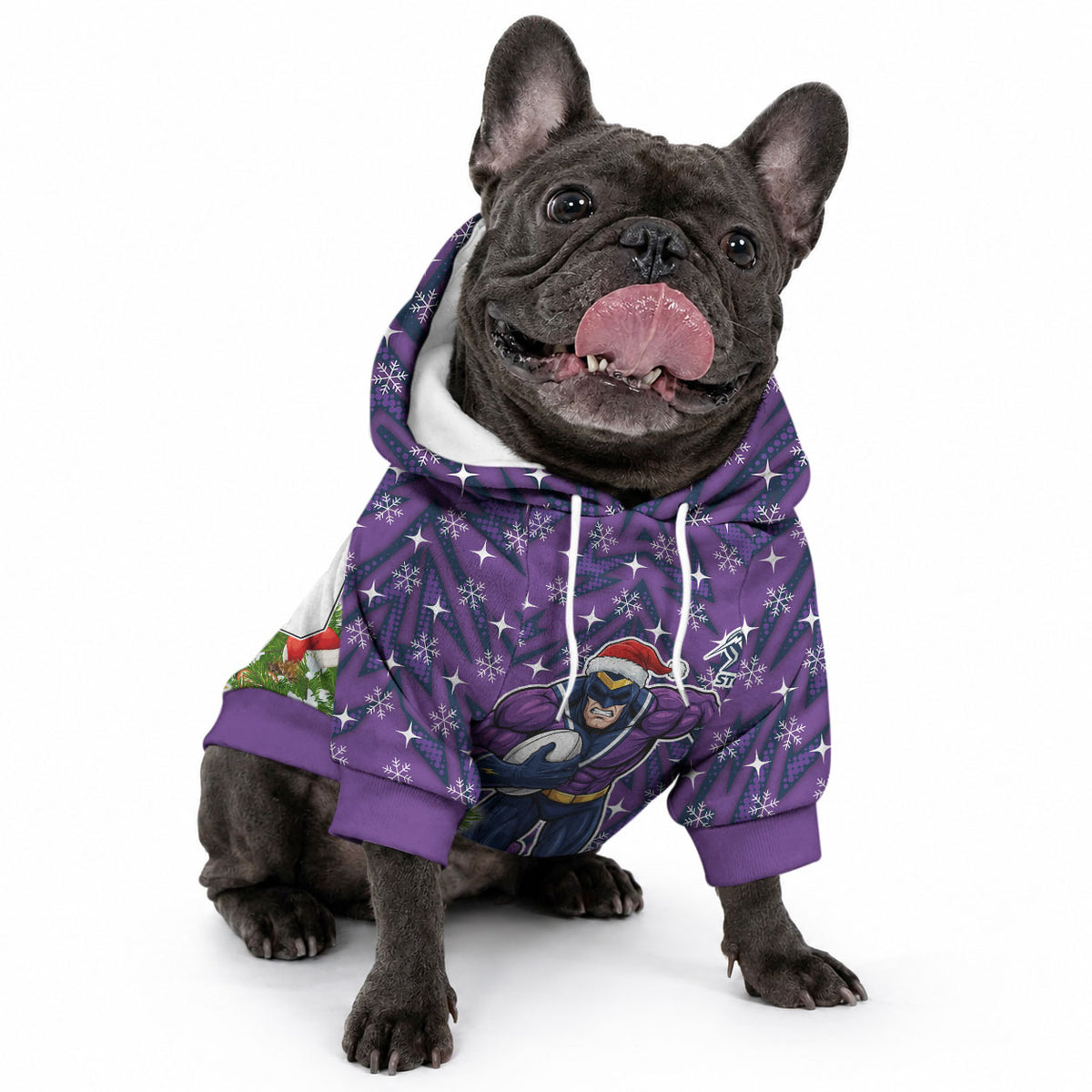 Personalised Melbourne Storm Rugby Christmas Pet Hoodie Santa Rugby Mascot - Pine Wreath Festive