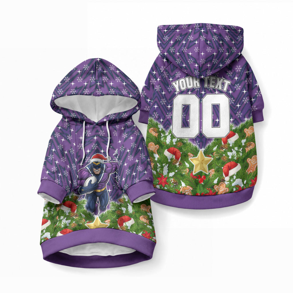Personalised Melbourne Storm Rugby Christmas Pet Hoodie Santa Rugby Mascot - Pine Wreath Festive