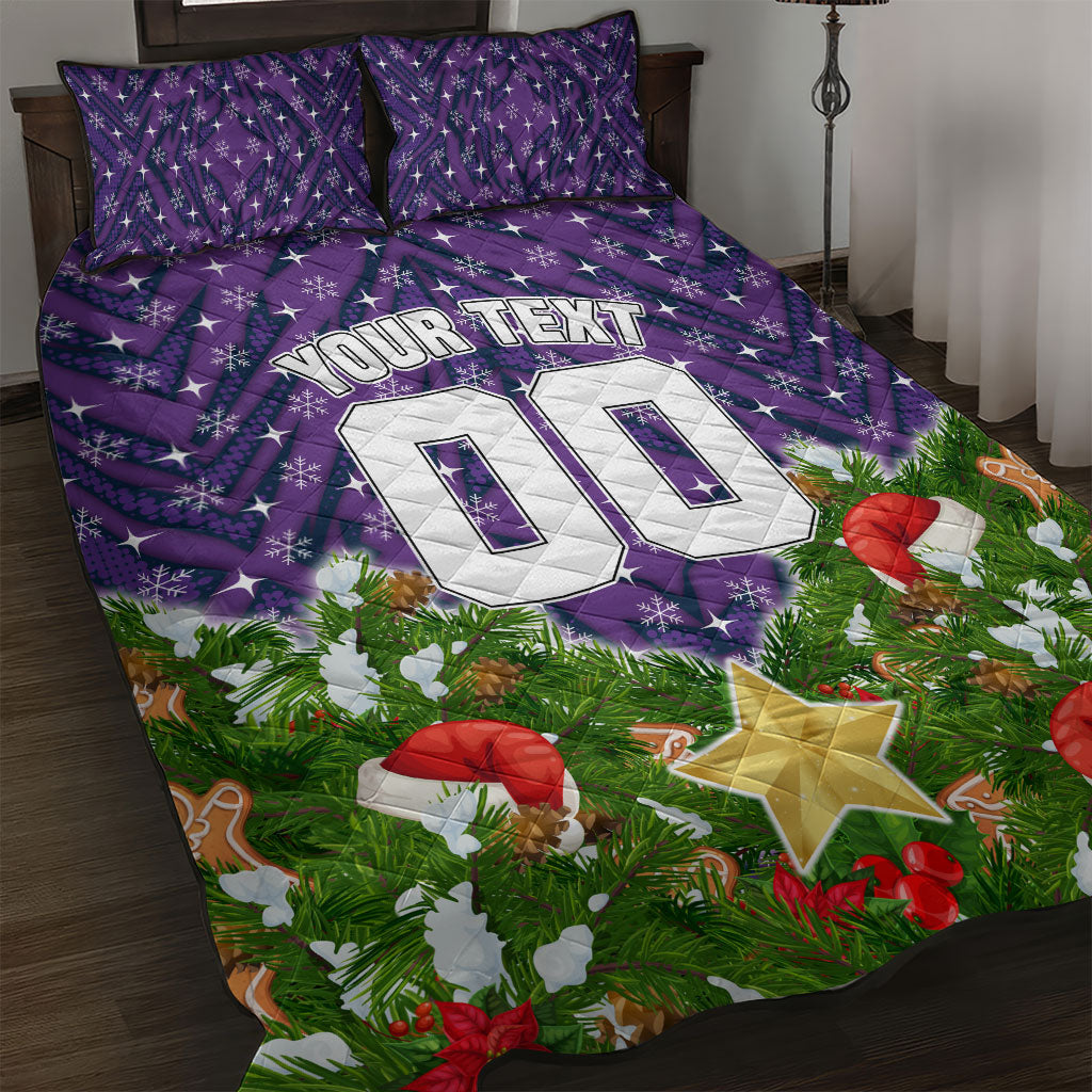 Personalised Melbourne Storm Rugby Christmas Quilt Bed Set Santa Rugby Mascot - Pine Wreath Festive