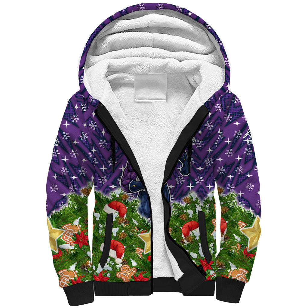 Personalised Melbourne Storm Rugby Christmas Sherpa Hoodie Santa Rugby Mascot - Pine Wreath Festive