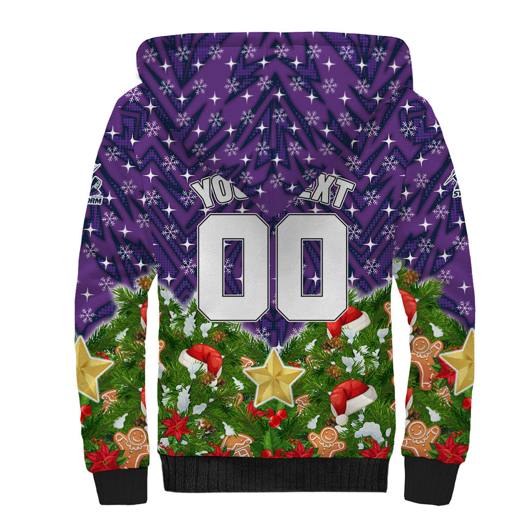 Personalised Melbourne Storm Rugby Christmas Sherpa Hoodie Santa Rugby Mascot - Pine Wreath Festive