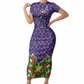 Personalised Melbourne Storm Rugby Christmas Short Sleeve Bodycon Dress Santa Rugby Mascot - Pine Wreath Festive