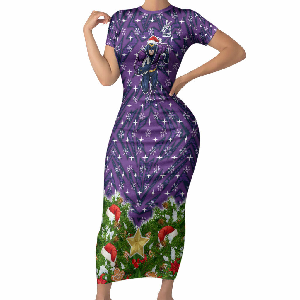 Personalised Melbourne Storm Rugby Christmas Short Sleeve Bodycon Dress Santa Rugby Mascot - Pine Wreath Festive