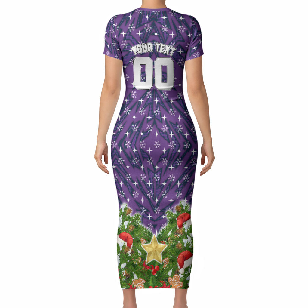 Personalised Melbourne Storm Rugby Christmas Short Sleeve Bodycon Dress Santa Rugby Mascot - Pine Wreath Festive