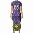 Personalised Melbourne Storm Rugby Christmas Short Sleeve Bodycon Dress Santa Rugby Mascot - Pine Wreath Festive