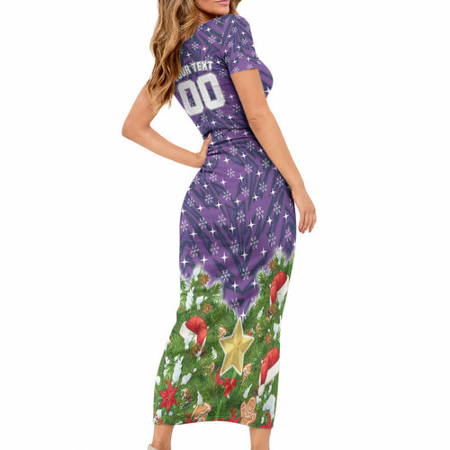 Personalised Melbourne Storm Rugby Christmas Short Sleeve Bodycon Dress Santa Rugby Mascot - Pine Wreath Festive