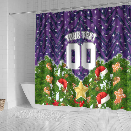 Personalised Melbourne Storm Rugby Christmas Shower Curtain Santa Rugby Mascot - Pine Wreath Festive