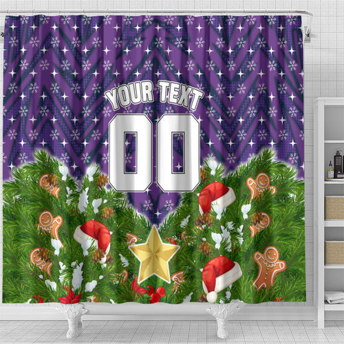 Personalised Melbourne Storm Rugby Christmas Shower Curtain Santa Rugby Mascot - Pine Wreath Festive