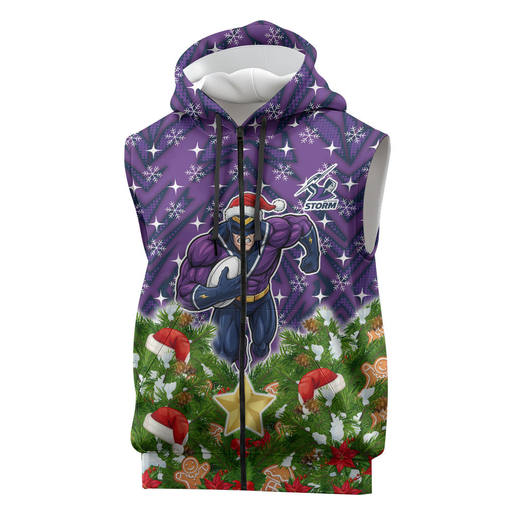 Personalised Melbourne Storm Rugby Christmas Sleeveless Zip Hoodie Santa Rugby Mascot - Pine Wreath Festive