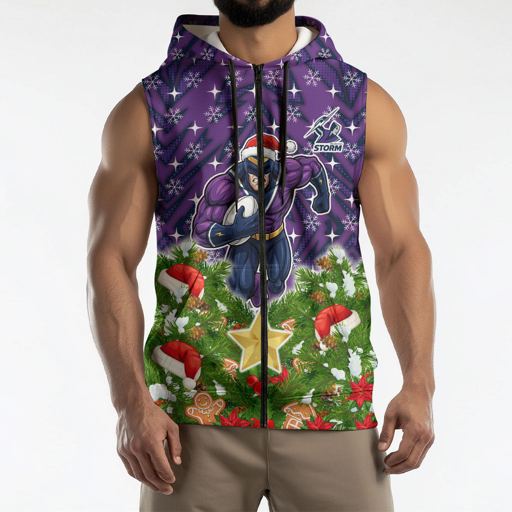 Personalised Melbourne Storm Rugby Christmas Sleeveless Zip Hoodie Santa Rugby Mascot - Pine Wreath Festive