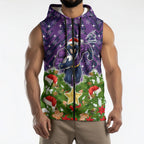 Personalised Melbourne Storm Rugby Christmas Sleeveless Zip Hoodie Santa Rugby Mascot - Pine Wreath Festive