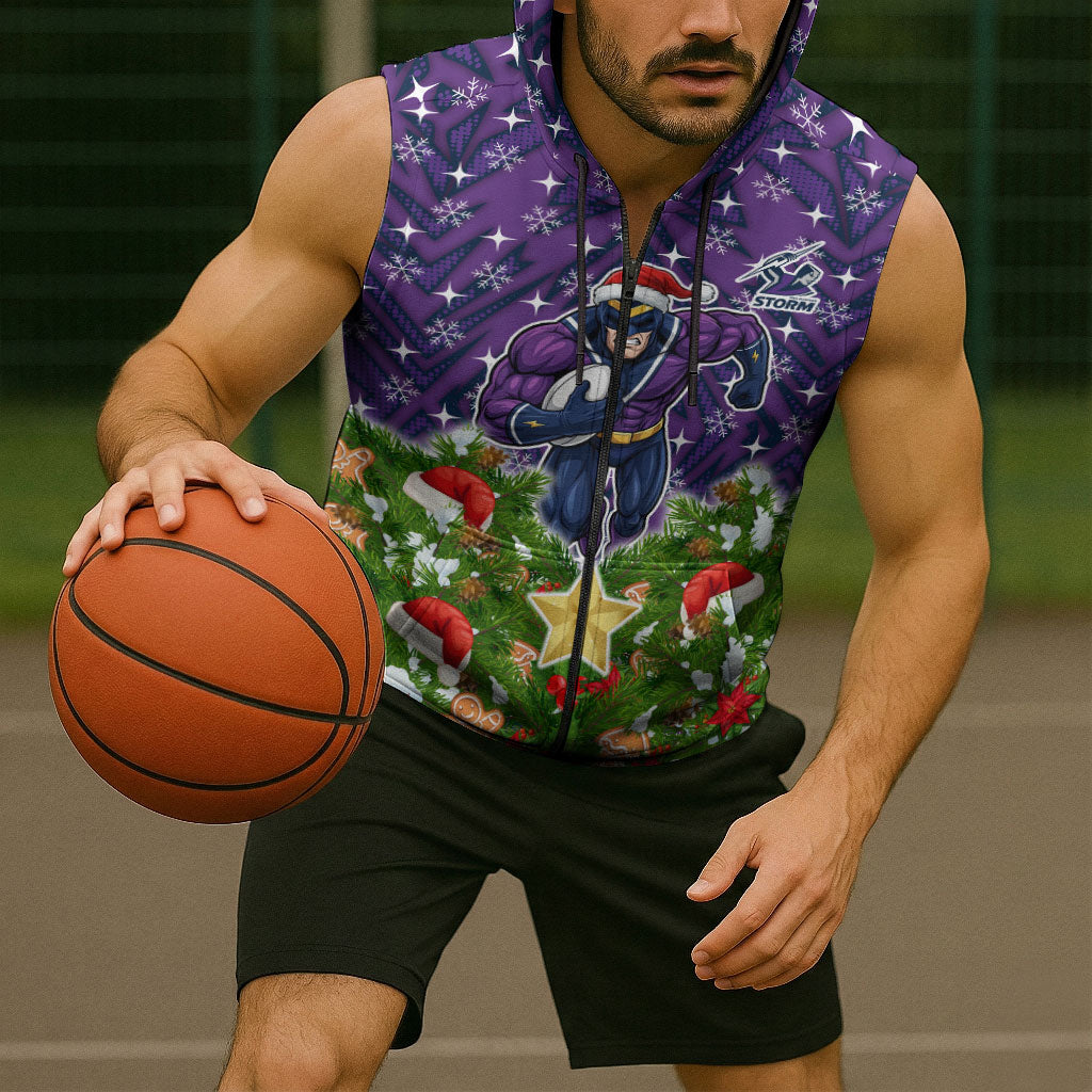 Personalised Melbourne Storm Rugby Christmas Sleeveless Zip Hoodie Santa Rugby Mascot - Pine Wreath Festive