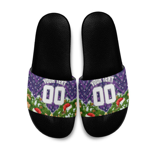 Personalised Melbourne Storm Rugby Christmas Slide Sandals Santa Rugby Mascot - Pine Wreath Festive