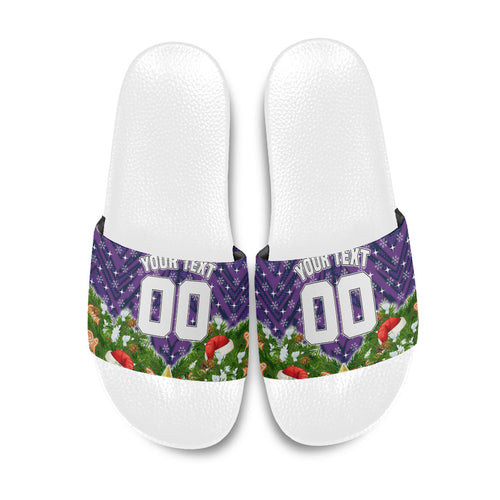 Personalised Melbourne Storm Rugby Christmas Slide Sandals Santa Rugby Mascot - Pine Wreath Festive