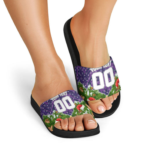 Personalised Melbourne Storm Rugby Christmas Slide Sandals Santa Rugby Mascot - Pine Wreath Festive