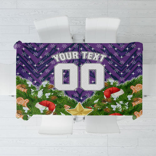 Personalised Melbourne Storm Rugby Christmas Tablecloth Santa Rugby Mascot - Pine Wreath Festive