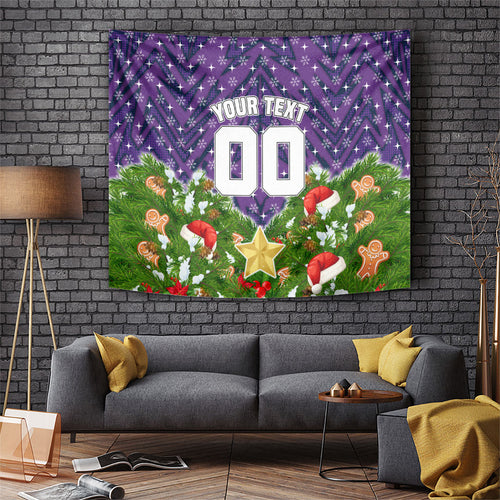 Personalised Melbourne Storm Rugby Christmas Tapestry Santa Rugby Mascot - Pine Wreath Festive