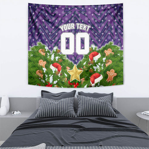 Personalised Melbourne Storm Rugby Christmas Tapestry Santa Rugby Mascot - Pine Wreath Festive
