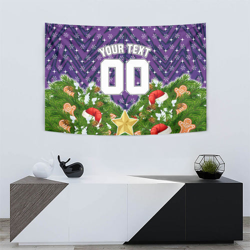 Personalised Melbourne Storm Rugby Christmas Tapestry Santa Rugby Mascot - Pine Wreath Festive
