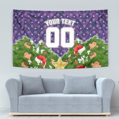 Personalised Melbourne Storm Rugby Christmas Tapestry Santa Rugby Mascot - Pine Wreath Festive