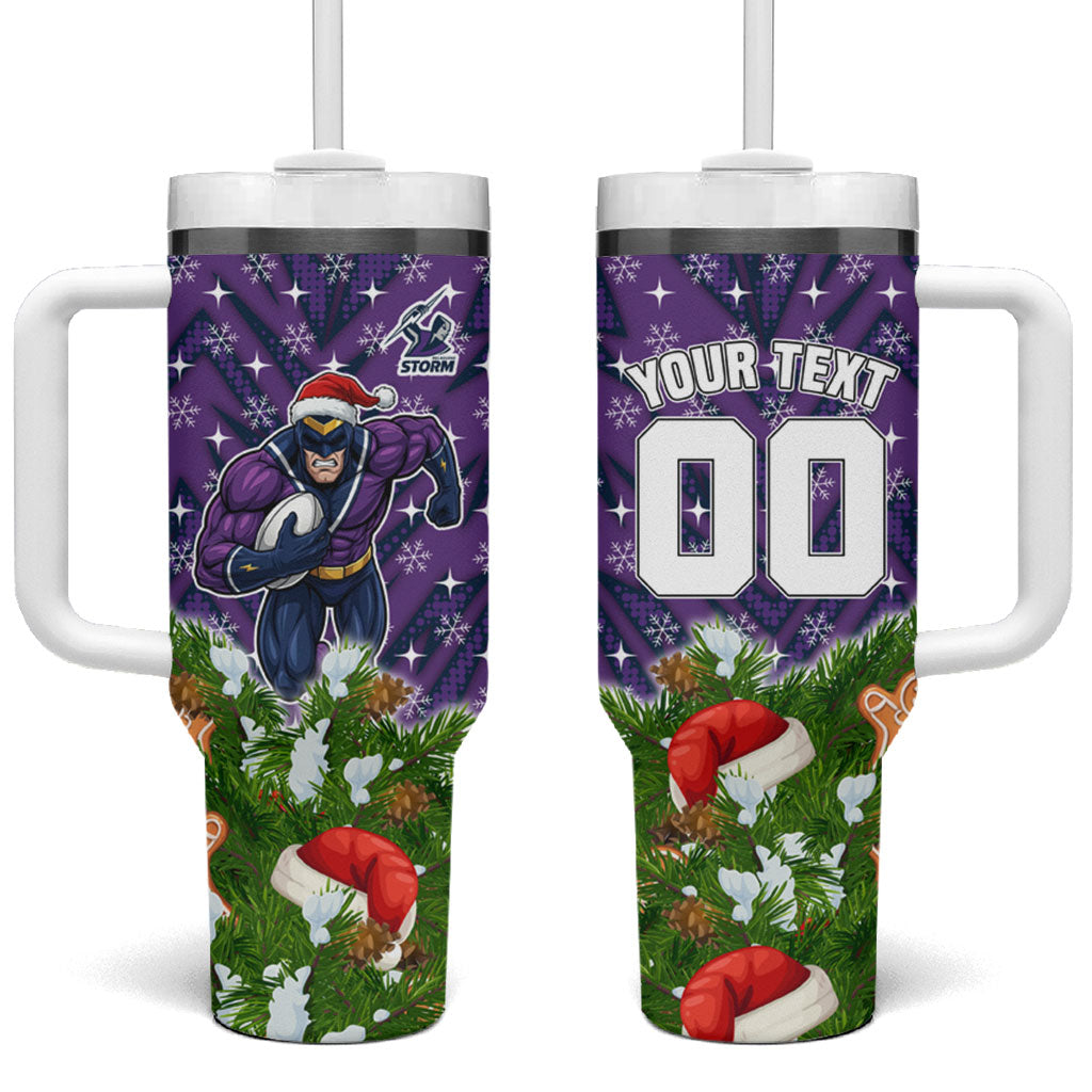 Personalised Melbourne Storm Rugby Christmas Tumbler With Handle Santa Rugby Mascot - Pine Wreath Festive