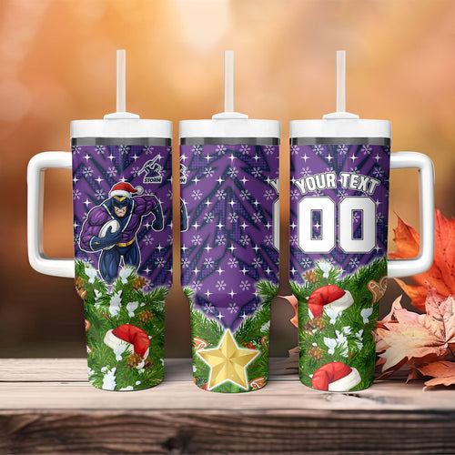 Personalised Melbourne Storm Rugby Christmas Tumbler With Handle Santa Rugby Mascot - Pine Wreath Festive
