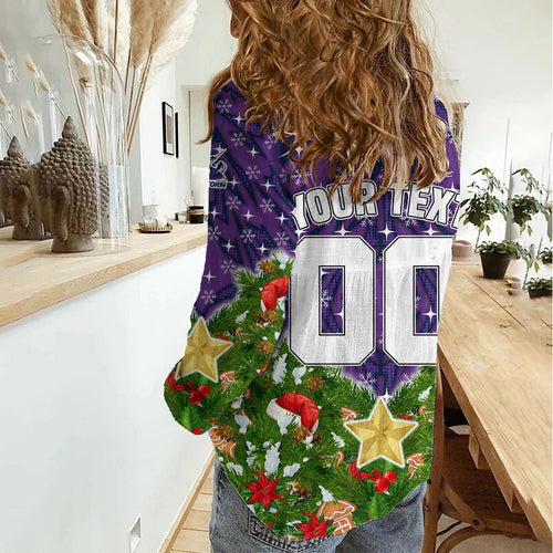 Personalised Melbourne Storm Rugby Christmas Women Casual Shirt Santa Rugby Mascot - Pine Wreath Festive
