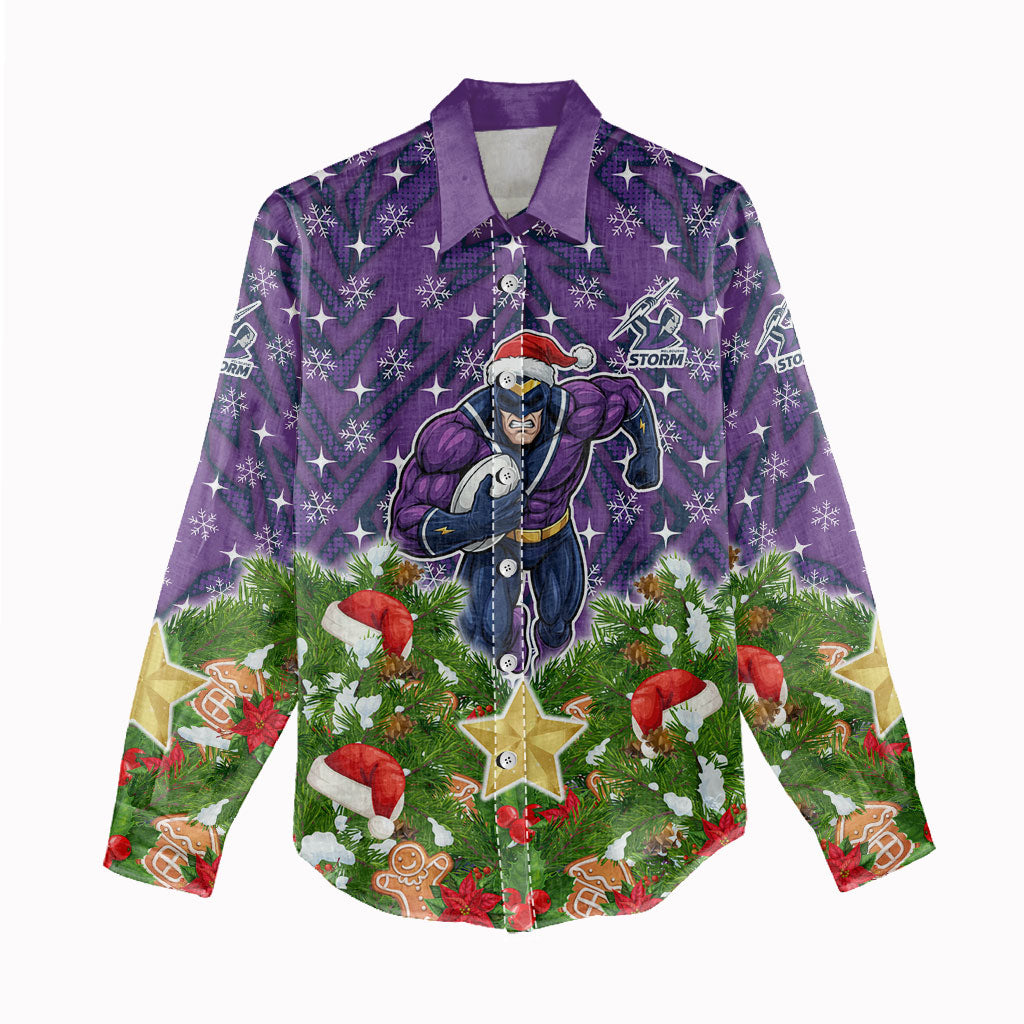 Personalised Melbourne Storm Rugby Christmas Women Casual Shirt Santa Rugby Mascot - Pine Wreath Festive